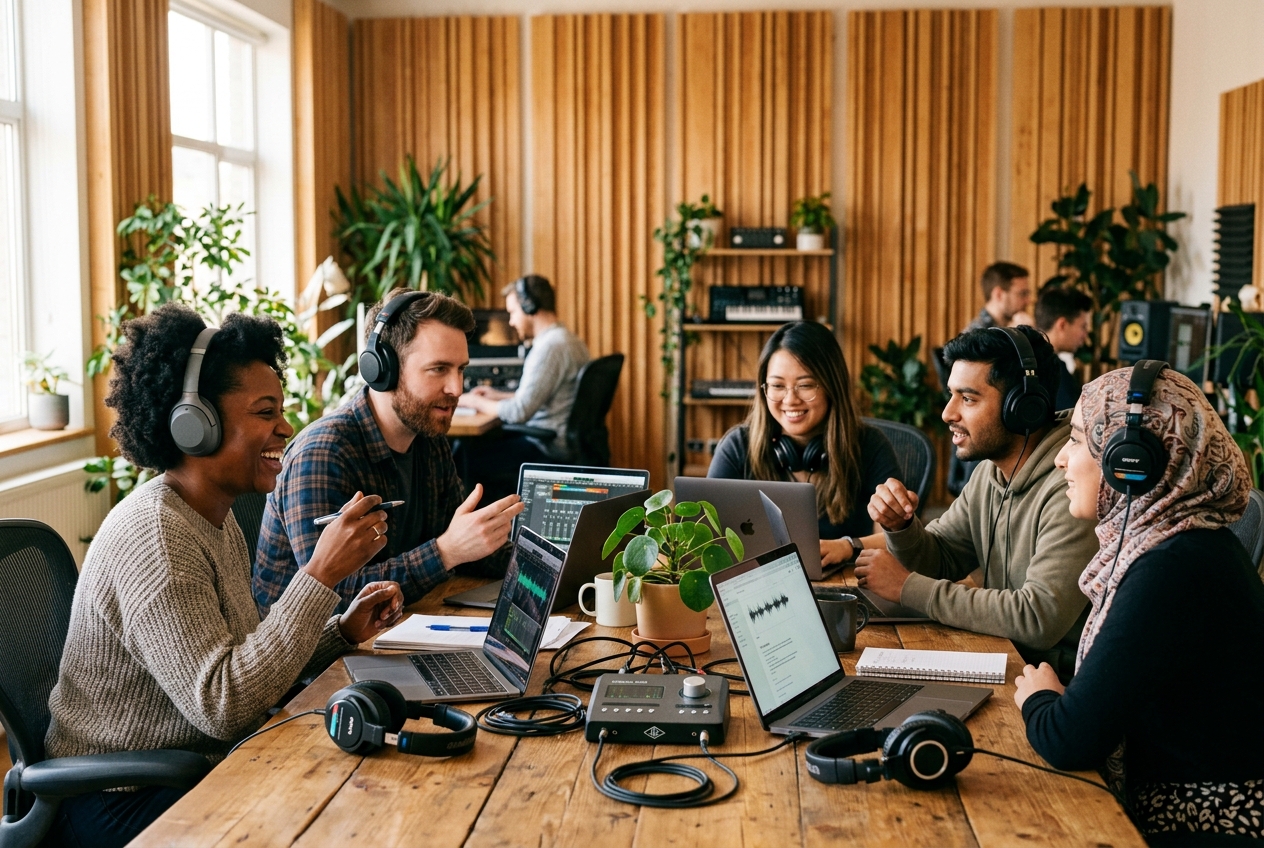 The Lumen team collaborating in the studio