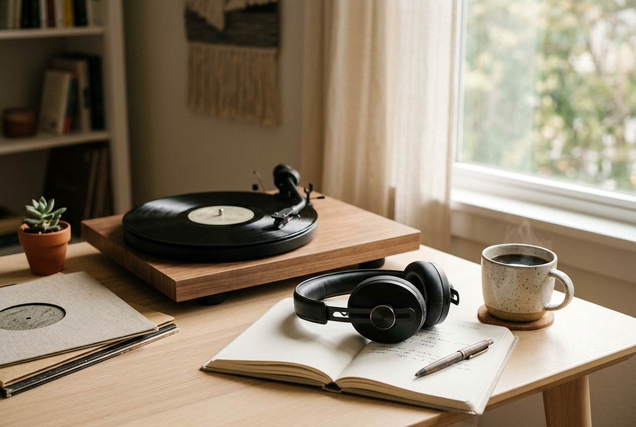 Headphones and vinyl on a desk