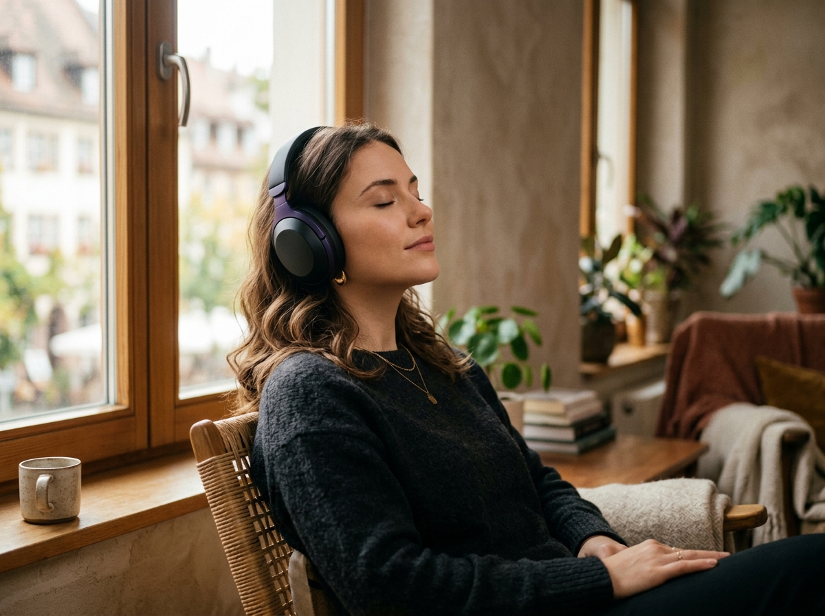 Person enjoying Lumen headphones by a window